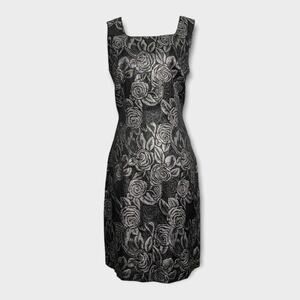 90s Shimmery Silver Jacquard Whimsigoth Sheath Dress